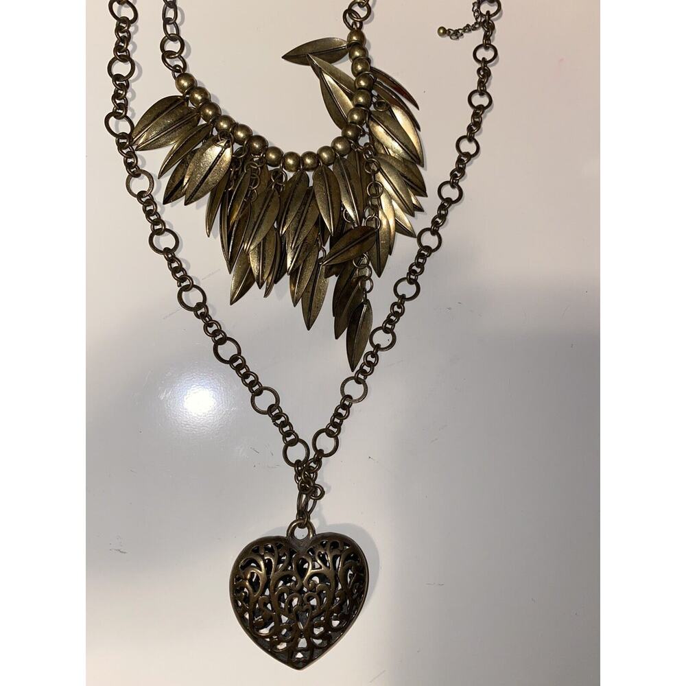 Bronze Metal Necklace Launch Articulated Layered Leaves Statement Heart